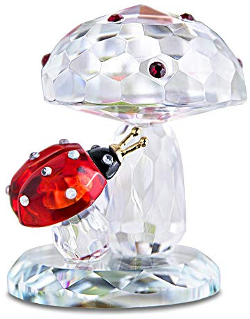 H&D Hyaline&Dora Crystal Ladybug on Mushroom Figurine,Glass Animal Paperweight Collectible,Home Table Decoration Ornament | Handmade crystal ladybug on mushroom, collectible glass paperweight. Ideal for home table decor, shelf, or gift.