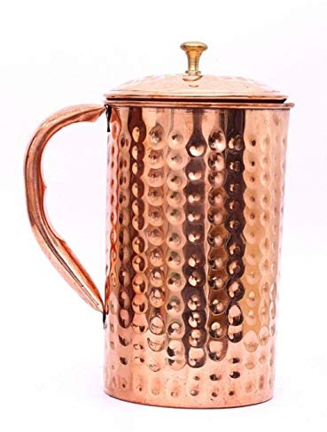 CRAFTING WITH LOVE A Pure Copper Jug, Hammered Design, Pitcher with Brass Designer Lid, Serving water,CAPACITY :1000ML,SIZE: 6.5 X 3.6,WEIGHT : 350 GM