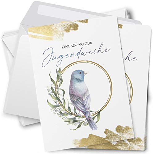 10 Einladungskarten Jugendweihe mit Umschlägen Motiv Vogel Taube Einladung Karten weiss zur Feier Jungen Mädchen rosa blau