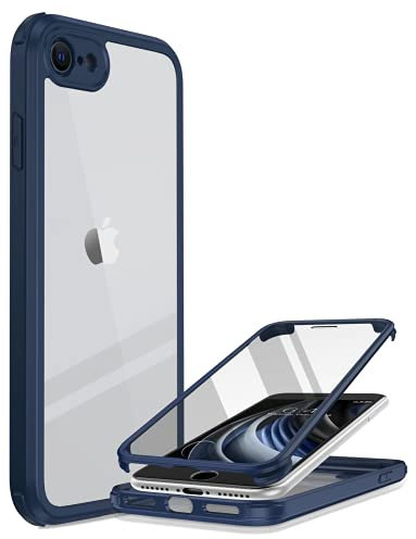 Miracase iPhone SE 2022 & 2020 Case, iPhone 8 Case [Built-in Glass Screen Protector] Military Grade Full Body 360 Shockproof Stylish Bumper Transparent Back Case Cover (Dark Blue)
