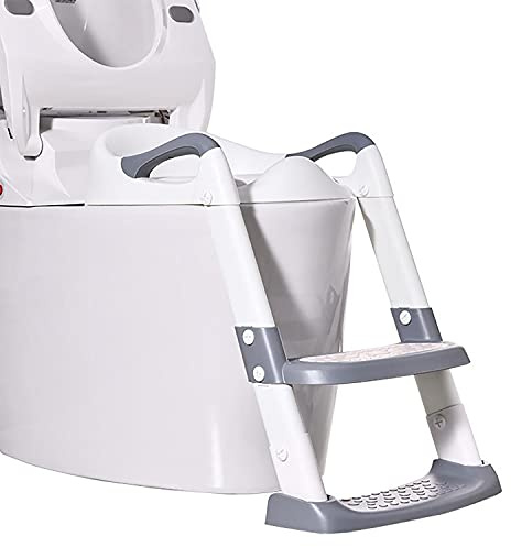 Primabobo klappbarer Toilettensitz für Kinder mit Leiter und Griffen, Anti-Rutsch-Toilettentrainer für Mädchen und Jungen, mit Spritzschutz und weichem Polstersitz, belastbar bis 75 kg (Grau)
