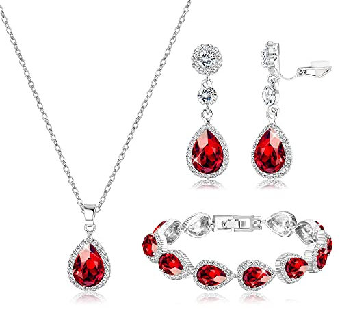 Milacolato Brautschmuck Set Hochzeit Kristall Halskette Armband Ohrclips Set Strass Anhänger Tropfen Clip On Ohrringe Abschlussball Brautparty Brautjungfer Schmuckset Für Damen Rot