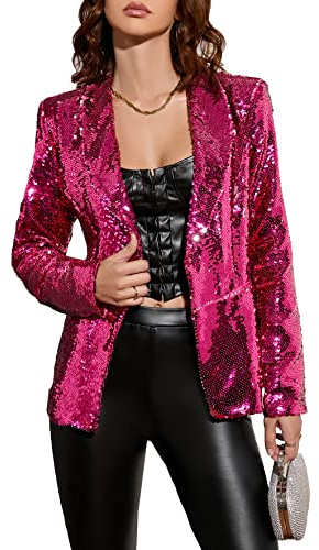 IWFEV, blazer da donna con paillettes a maniche lunghe, con apertura frontale scintillante, con collo sciallato, cardigan, rosa, XL