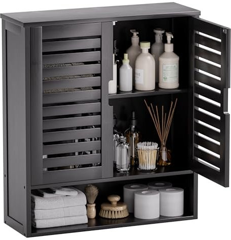 SMIBUY Bathroom Cabinet Wall Mounted, Bamboo Over-The-Toilet Storage Organizer, Space Saver Medicine Cabinet with 2 Door and Adjustable Shelves (Black)