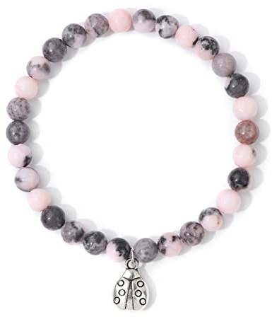 Silverfärg nyckelpiga armband för kvinnor män 6 mm pärlor agat kristall härligt damarmband lava insekt smycken, rosa zebra, 23 cm