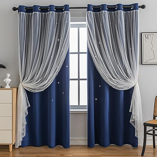 indistar Tende oscuranti per finestre e cameretta dei bambini, con ritaglio a stella, per camera da letto e cameretta dei bambini (2 pannelli, 132 x 160 cm, blu navy)