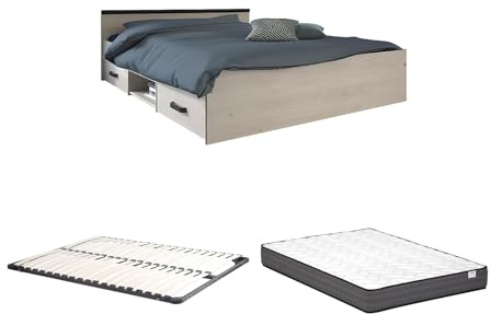 Vente-unique - Cama con Espacio de Almacenamiento de 140 x 190 cm - 2 cajones y 1 Compartimento de Almacenamiento - Color: Aspecto de Madera + Cama Inferior + colchÛn - Pablo