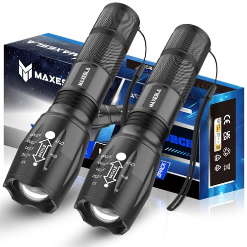 Maxesla 2 Pack LED Torch Gifts for Men Dad Kids - Zoomable Super Bright Flashlight, Water Resistant 5 Modes Mini Tactical Light With Battery for Camping