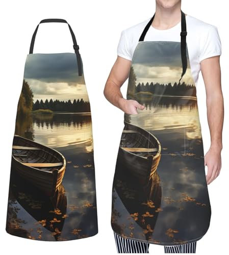 GFLFMXZW Schürze für Damen und Herren, wasserfeste Schürzen, lebendige Farben, verstellbare Lätzchen, Arbeitsschürzen zum Geschirrspülen, Boot am Lake Ufer, EinheitsgröÃŸe