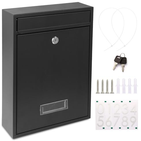 Mailboxes for Outside, Wall Mount Locking Mailbox, Security Mailbox with Lock Key and Three Sets 0-9 Mail Box Numbers, Large Capacity Steel Cover Metal Postbox for Outdoor, 13.8X 10.8X 3.25 Inch Black