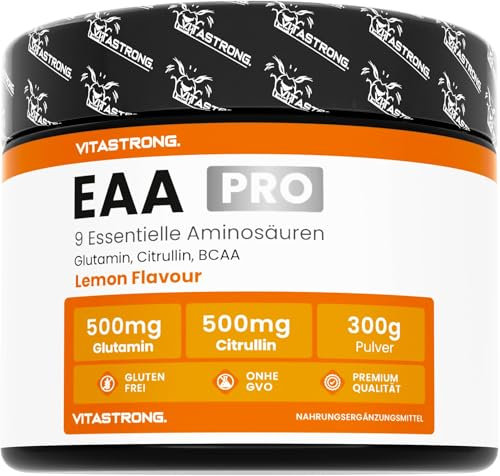Aminoacidi Essenziali EAA PRO Vitastrong, 9 EAA Aminoacidi Essenziali Polvere 300g, BCAA Amminoacidi Ramificati, Glutammina, L Citrullina, L-Tirosina, L Lisina, L Triptofano, Metionina, Gusto Limone