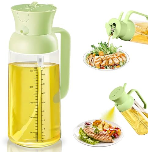 Ölsprüher zum Kochen, 2 in 1 Öl Sprühflasche für Speiseöl, 19oz/550ml Ölflasche Glas mit Messskala, Ölspray für Heißluftfritteuse, Oil Sprayer für Salat, Olivenöl Spray für Backen, BBQ, Grill (Grün)