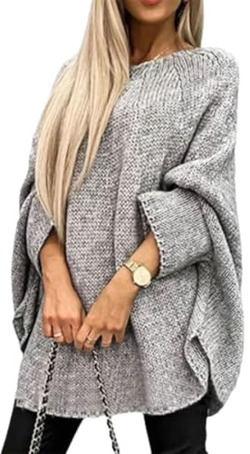 QKCQQTS Women's Elegant Knitted Cape Sweater,Loose Casual Poncho Pullover,women cape Sweater fashion knitted shawl sweater (gray,L/XL)