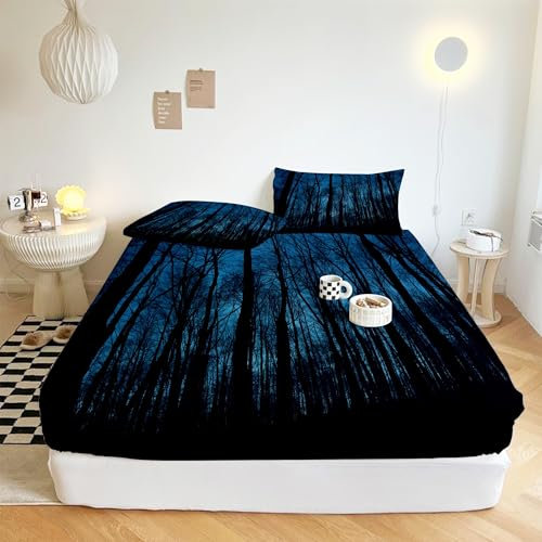 XCQHZYQ Drap Housse 90x190 cm Forêt Sombre Arbre Bleu, 3D Drap-Housse Enfant pour Lit Microfibre Housse de Matelas avec 2 Taies d'oreiller, pour Matelas Épais