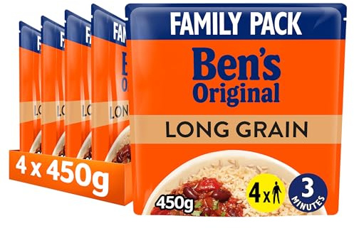 Ben's Original Long Grain Microwave Rice Family Pack, 4 x 450g, Multipack | Steamed parboiled long grain rice, ready to heat in the microwave, no artificial colours, flavours or preservatives, serves 2