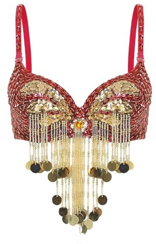 Jowowha Women Shiny Belly Dance Bra Tops Sequins Tassels Bra Top Costume Carnival Outfit Dancewear Red One Size