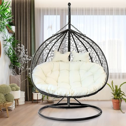 Großes Plüsch-Hängemattenstuhl-Kissenpolster für 2 Personen mit Kopfstützen-Set – Ultimativer Komfort für drinnen, draußen, Garten und Terrasse – Langlebig, wasserabweisend und leicht zu reinigen