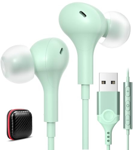 ACAGET USB Earphones for PC, 7.5 FT/2.5M Cord, Computer Headphones Headset with Microphone USB A Headphone In Ear Wired for Dell for HP Laptop Work Meeting Office for Women Girls Mint Green