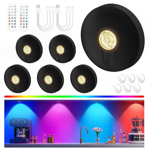Schrankbeleuchtung Kabellos Akku USB, Unterschrank Beleuchtung Küche, Unterbauleuchte Küche LED Ohne Kabel, Vitrinenbeleuchtung Magnetisch, Puck Lights Mit Fernbedienung, Schwarz, 6 Stück, 3-Farbe-RGB