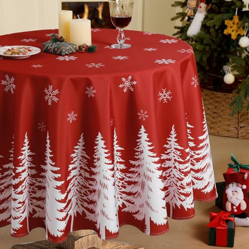 Softalker Rund Tischdecke Weihnachten rot 160 cm Weihnachts Tischdecken klassisch abwaschbar mit Schneeflocken und Weihnachtsbaum-Motiv für Outdoor,Silvester,Garten,Biertisch,festlich,Wohnzimmer