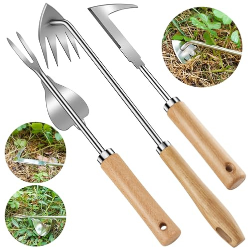 Kaimfdg 3 Pack Weed Puller Tool, Stainless Steel Crack Weeder Tool, Uprooting Weeding Tool, Paving Brick Moss Removal, L-Shape Gardening Crack Sickle Lawn Edger and Driveway Weeding Tools Gardening