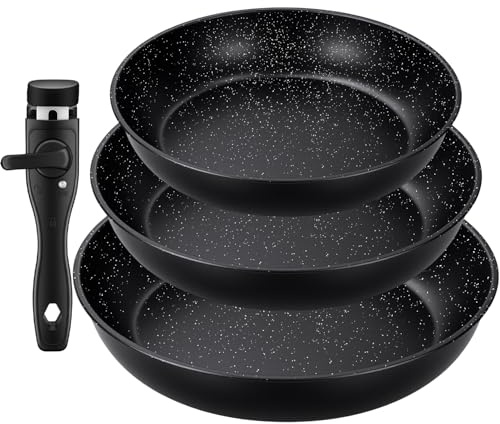 Cexovo Pfannenset Induktion, Antihaft-beschichtete Bratpfanne 20, 24 und 28 cm mit abnehmbarem Griff, für alle Herdarten, PFOA-frei PFAS-frei, Backofenfest, leichte Reinigung, für Camping