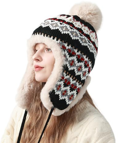 Damen Winter Strickmütze mit Ohrenklappen Winddichte Fleece Gefüttert Trappermütze Thermo Dicke Skimütze mit Ohrenschützer Wintermütze mits Kunstpelz Bommel Kinnriemen Wintermütze für im Freien
