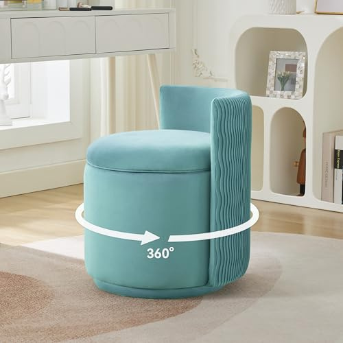 WUTUTUEE Velvet Vanity Chair with Storage, 360° Swivel Makeup Chair with Wave Back, No Assembly Small Accent Stool for Bedroom, Dressing, Living Room, Teal