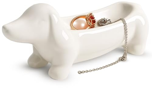 JazRvr Dackel Schmuckschale, Weiße Dackel Deko für Schmuck und Schlüssel, Dekoratives Schalen für Hundeliebhaber, Geschenkidee für Hundefreunde, Hergestellt aus Keramik