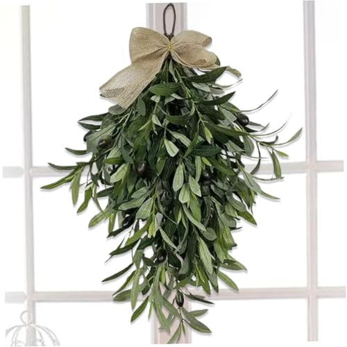 1PC Olive Branch Wreath for Front Door 24 in Artificial Greenery Tear-Drop Swag with Bow – All-Season Home & Wall Decor