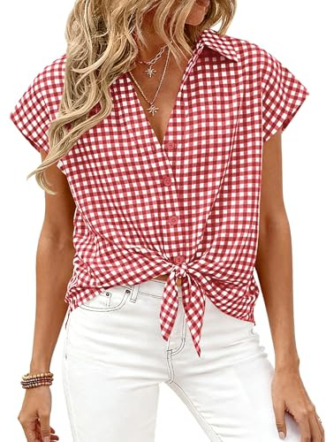 PRETTYGARDEN Womens Short Sleeve Shirts Plaid Button Down Blouse Dressy Casual 2026 Summer Spring Business Gingham Work Tops (Wine Red,X-Large)