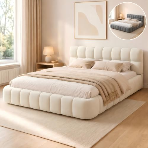 BSCFHCZ Polsterbett 160 x 200 cm, Bubble Bett Betten 160 x 200 mit Lattenrost, Jugendbett Flachbett Bettgestell, Rückenlehne Bettgestell,Wolkenbett Bett(Beige + Leinen, 160x200cm)