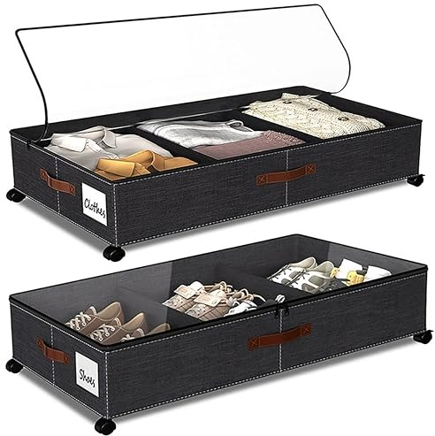 SPEEDEVE 2 Stück Unterbett Aufbewahrungsbox 50L Unterbettkommode mit Rollen & Verstellbar Trennwand Bettkasten Organizer Unterbettbox für Kleidung Schuhe Decken Bettwäsche,Schwarz-stil 2,2er-Pack