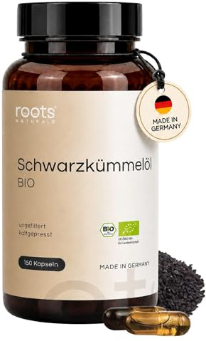 roots NATURALS® BIO Schwarzkümmelöl Kapseln - kaltgepresst, ungefiltert - [150 x vegane Liquid-Inside-Caps] - 1000mg reinstes Schwarzkümmelöl - 20% Thymoquinon-Gehalt - original Nigella sativa