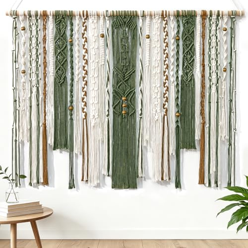 ZYUQFAN stor makramé vägghängande gobeläng boho dekoration grön, 98 x 75 cm estetisk vävd makramé grön gobeläng handgjord väggbonad boho väggdekoration sovrum barnrum (mörkgrön)