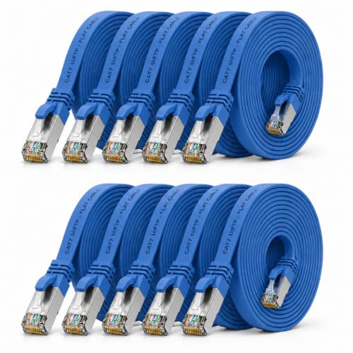 10x CAT7 Lan-Kabel flach 0,5m U/FTP 10 Gbit/s RJ45 Stecker Cat6a Blau | Flaches U/FTP-Patchkabel bis 10 Gbit/s, kompatibel mit Cat6a/Cat6/Cat5e/Cat5, für Router, Modem, Switch, PC, TV und NAS