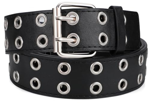 SANSTHS Women Double Grommet Studded Belts, black Leather Belt for Women Men Punk belt,black,S