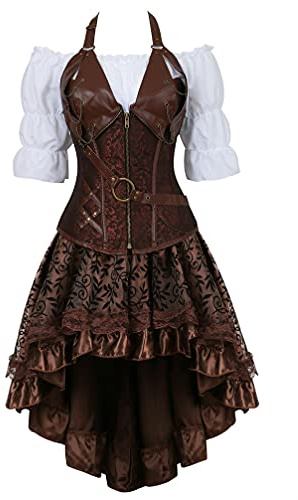 Hengzhifeng Steampunk Corset Disfraces Mujer Cuero Corsés con Falda y Pirata Blusas (EUR 34-36,Marrón)