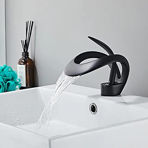 SJQKA Robinet Cascade Salle De Bain, Mitigeur Lavabo Avec Valve En Céramique Monocommande Chaude Et Froide Réglable (Noir)