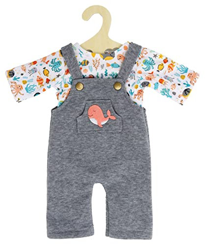 Heless 2215 - Puppenkleidung im Design Wal Bobby, 2 teiliges Set mit grauer Latzhose und bunt bedrucktem T-Shirt für Puppen und Kuscheltiere der Größe 35 - 45 cm