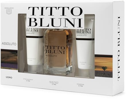 TITTO BLUNI - Assoluto Uomo Colonia 75 ml + After Shave 75 ml + Gel de Baño 75 ml, Estuche de Regalo Hombre, Eau de Toilette Natural y Masculina, Aroma Floral Amaderado, Fragancia Fresca y Duradera