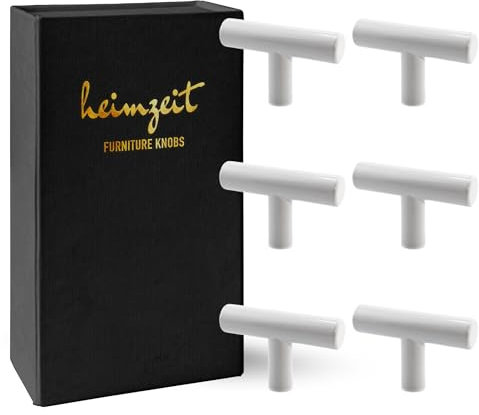 heimzeit Tiradores de Armarios y Cómodas de Acero Inoxidable para Puertas y Cajones [6 Piezas, en forma de T] Color: Blanco, Diseño Elegante, Pomos Armario con Manija de un agujero con tornillos