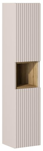 Badezimmer Hochschrank mit Regaleinsatz, kaschmir und Eiche, gerillte Front