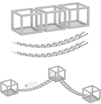 QLS Katzen Kletterwand Set für Deckenmontage aus Holz mit 2 Brücken Weiß | Mit 3 Liegeflächen und 2 Hängebrücken für Klettern, Beobachten und Entspannen, individuell erweiterbar und kombinierbar