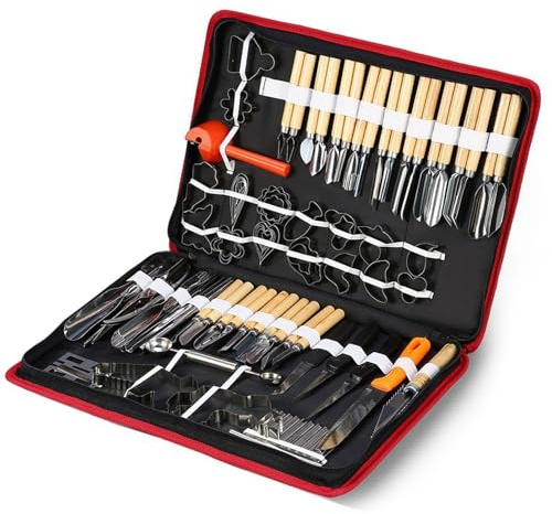 Herramientas de modelado de Kitchen Schnitz: 80 piezas de kit de herramientas de esculturía de cocina, juego de herramientas de tallado de frutas para del jefe con una caja de soporte - para la pr
