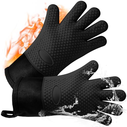 AMFUN Gants de Barbecue, Gants de Four Résistant à la Chaleur Silicone, Gants de Four Anti-Chaleur pour BBQ/Four/Gril/Cheminée/Cuisson au Four (Noir - Long)