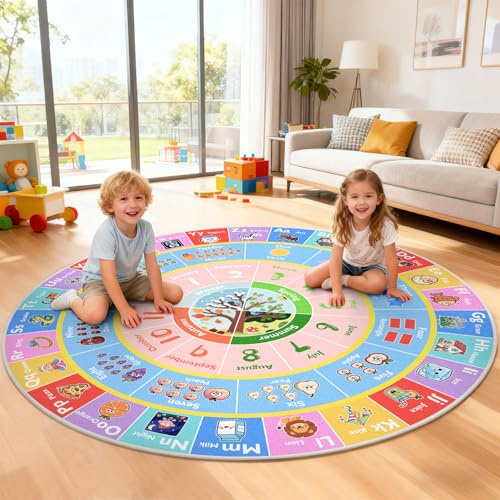 ABC Round Kids Rug for Playroom, 4ft Alphabet Small Classroom Rug, Educational Kids Play Mat With Number Shape Animal Season, Learning Area Rug for Nursery Bedroom Kidsroom, Colorful Non-Slip Washable