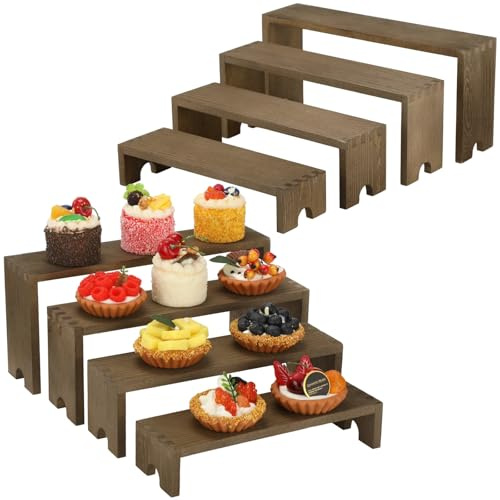 yeesport 8 Pcs Wooden Display Stand Set, Stackable Tiered Cupcake Stands, Brown Buffet Risers, Stepped Organizer Shelf for Collectibles, Figures, Dessert, Cosmetics, Jewelry and Home Desktop Display