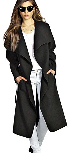 Womens Ladies Long Sleeve Oversized Waterfall Italian Blazer Belted Duster Coat Oversized Celebrity Plus Sizes (XL, Black)