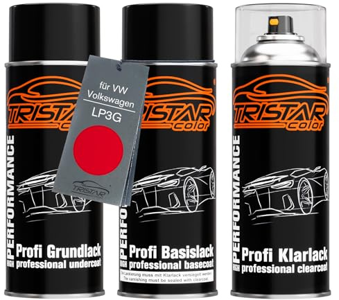 TRISTARcolor Autolack Set Spraydosen für VW/Volkswagen LP3G Flashrot +1K | Vermelho Flash, Set aus Grundlack + Basislack + Klarlack, Sprühdosen 400ml